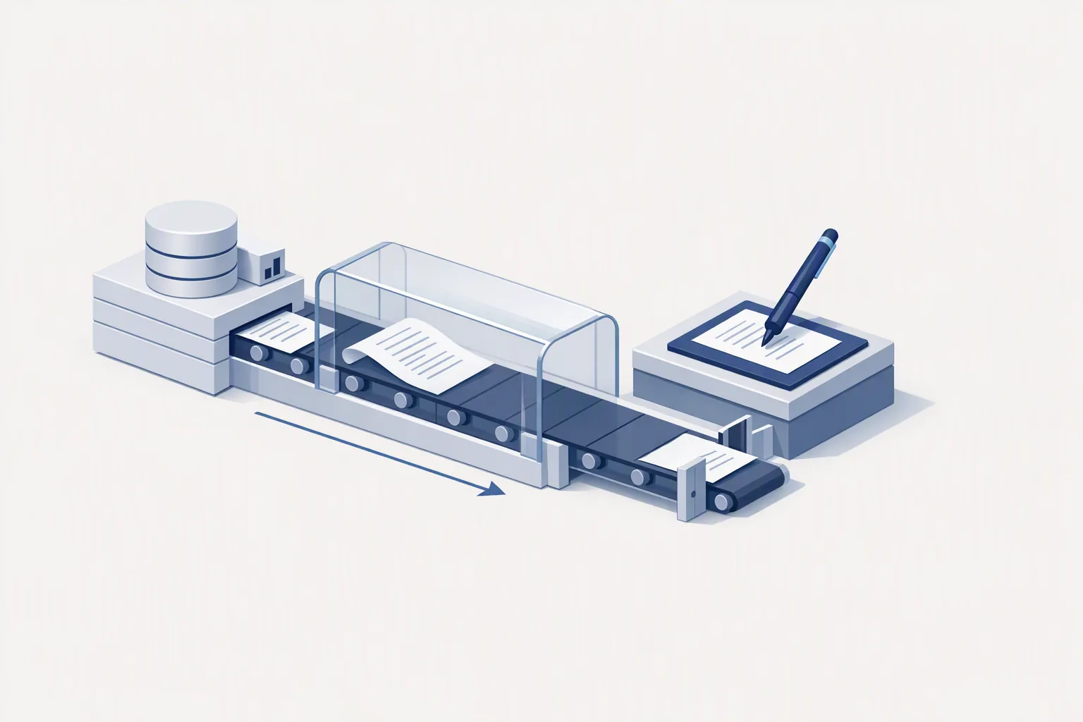 Isometric illustration of a machine-drafted sheet travelling through a transparent enclosure to a review stand with a pen before it moves on