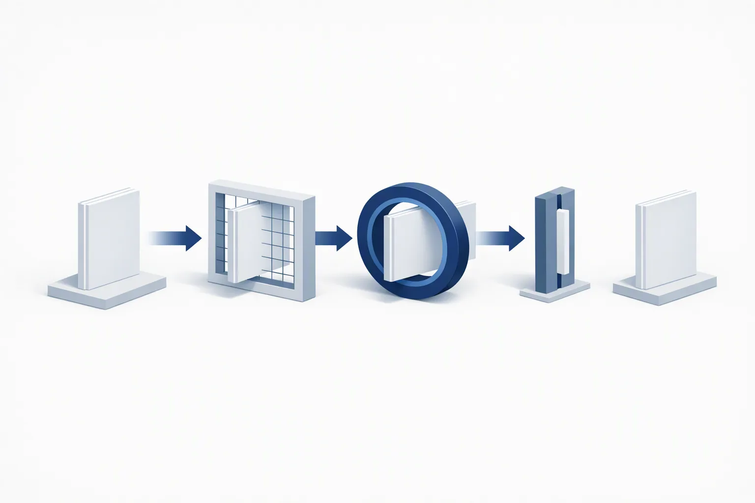 Isometric illustration of a bound report passing cleanly through three differently shaped inspection frames and emerging intact