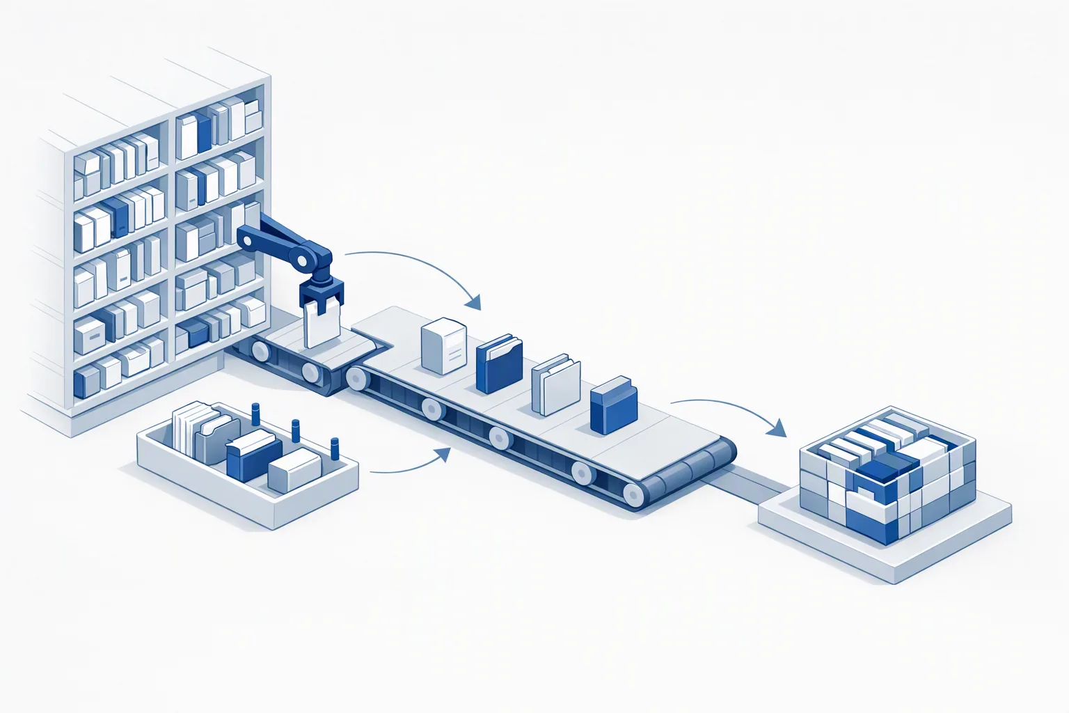 Isometric illustration of files being selected from archive shelves into an indexed parcel, with some set aside in a held tray each with a marker