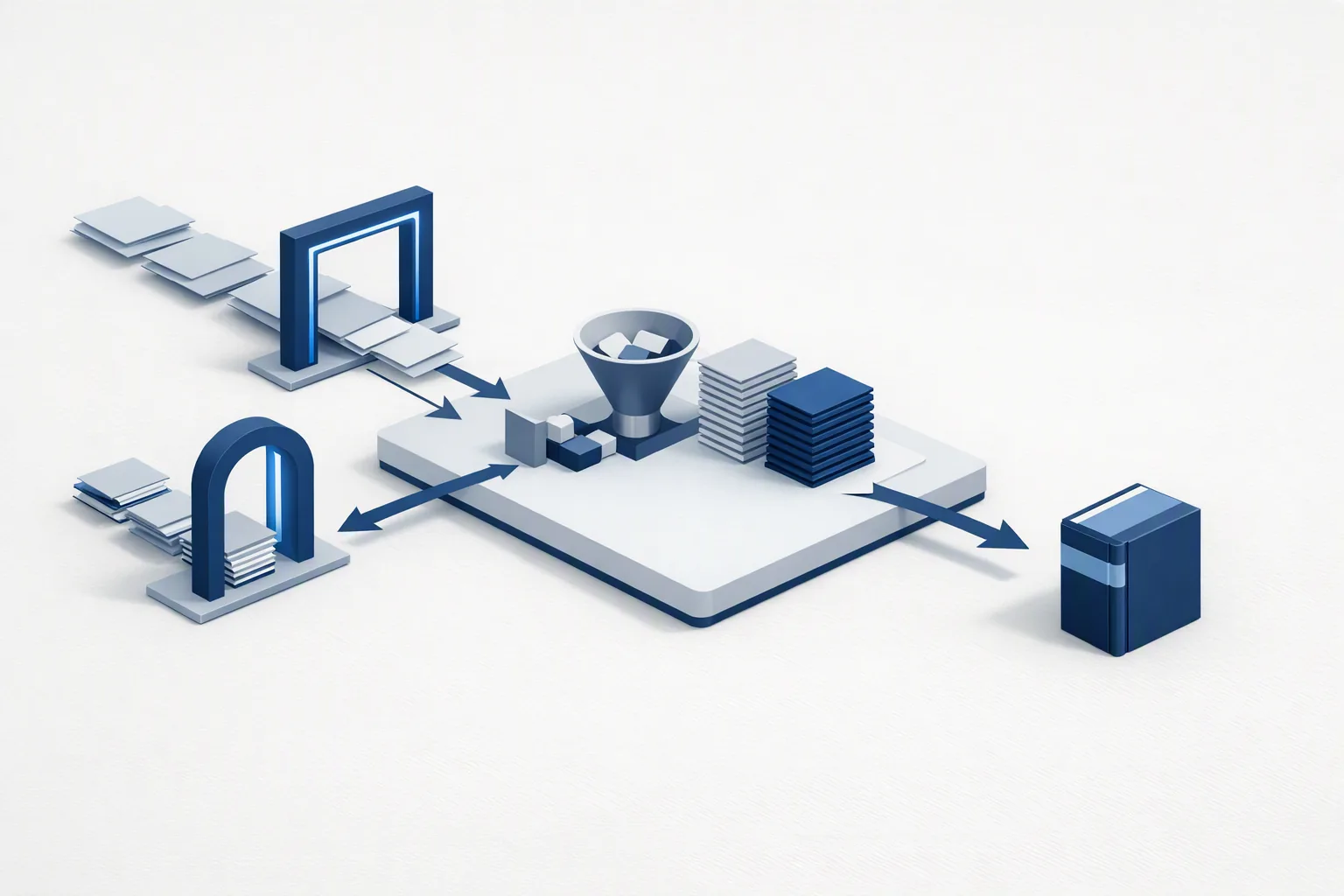 Isometric illustration of two separate streams of case files entering through their own gateways and merging onto one shared platform that sorts them into a single finished volume