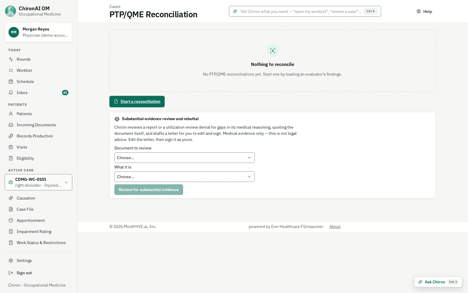 The PTP/QME Reconciliation screen with the substantial-evidence review and rebuttal panel: choose a report or UR denial, and Chiron reviews it for gaps in medical reasoning and drafts a letter for the physician to edit and sign.