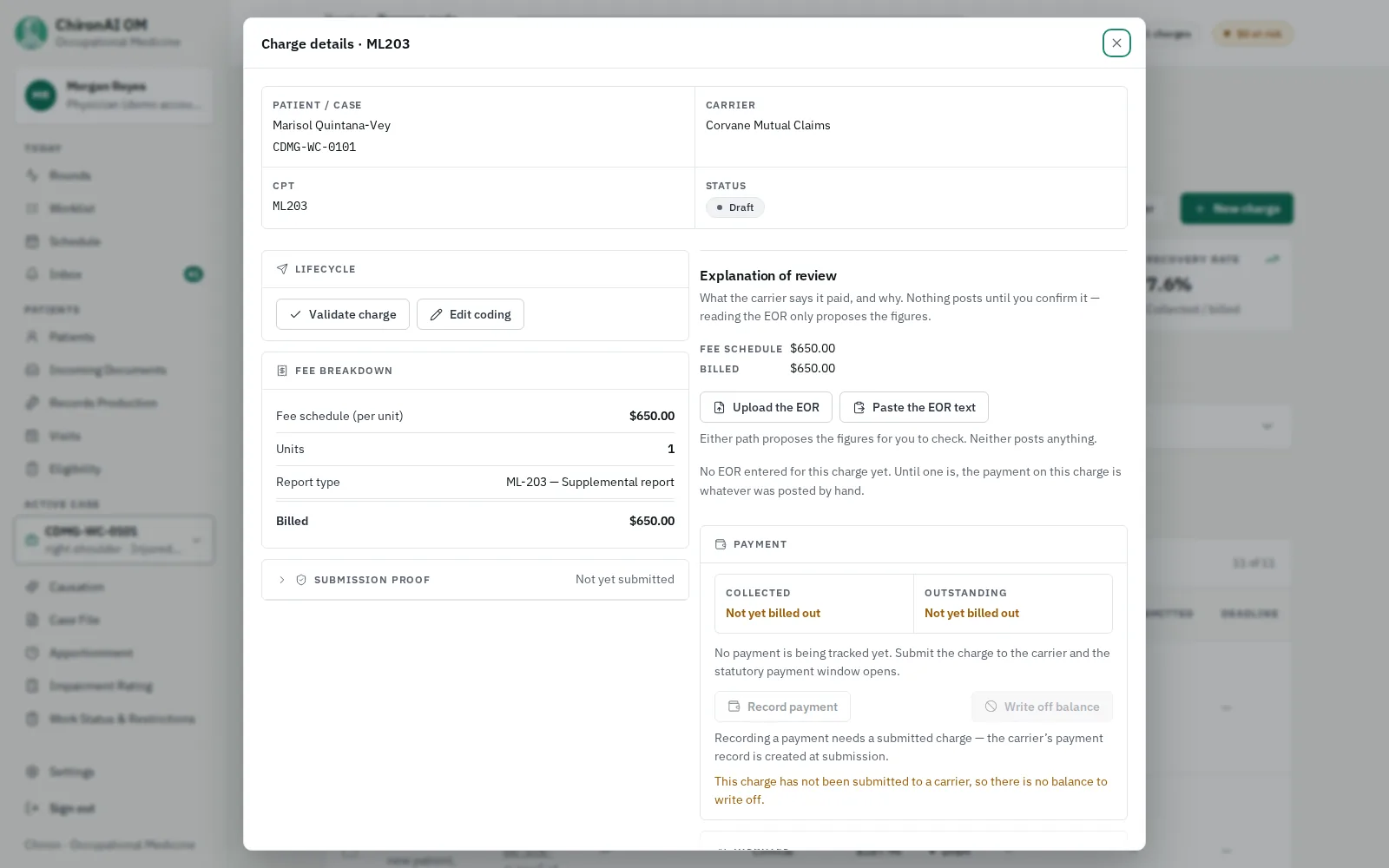 Charge details for a drafted ML203 supplemental medical-legal report, priced from the fee schedule and left as a draft for a person to validate. The demo clinic has no deposition on file, so the supplemental-report charge stands in for ML204 here.