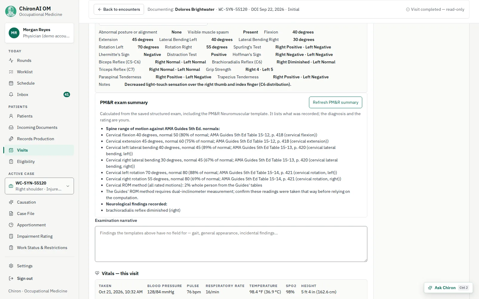 A completed initial visit in ChironAI OM. A structured cervical exam table records range of motion, Spurling’s, reflexes and grip grades, and below it a calculated exam summary compares each motion with the AMA Guides normals and their table references.