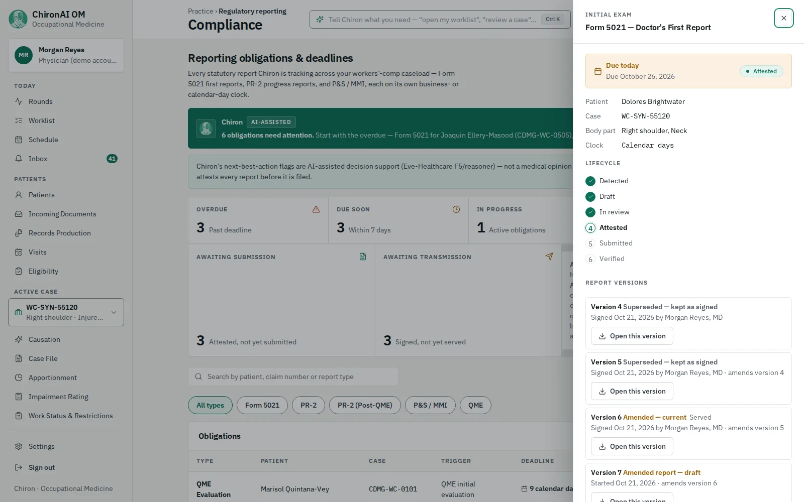 The Compliance screen listing reporting obligations, with a side panel open for a Form 5021 Doctor’s First Report: due date, attested status, the lifecycle from detected to verified, and each signed report version kept beside its amendments.