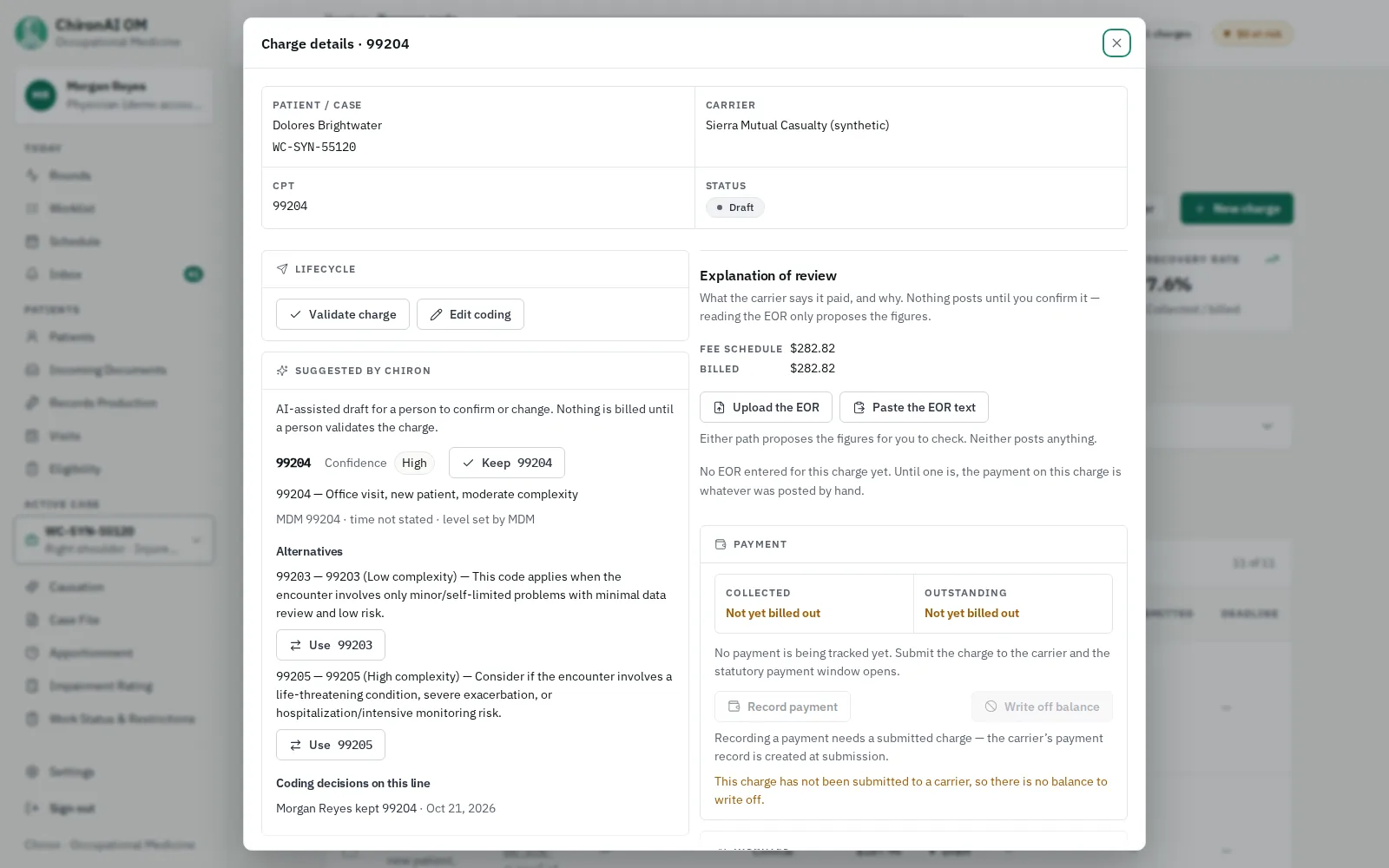 Charge details for a drafted 99204 new-patient visit. Chiron suggests 99204 with high confidence and offers 99203 and 99205 as alternatives, with buttons to keep or switch the code; the charge stays a draft until a person validates it.