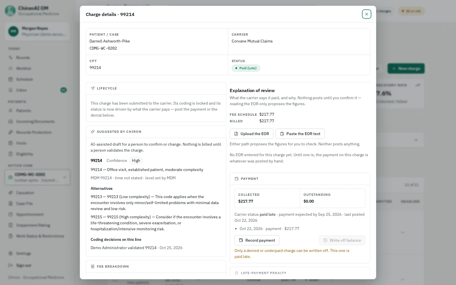Charge details for the late-paid 99214. The status reads Paid (Late), the payment panel shows the amount collected and the date posted, and the Explanation of review panel offers to upload or paste the EOR so Chiron can propose the figures for a person to confirm.