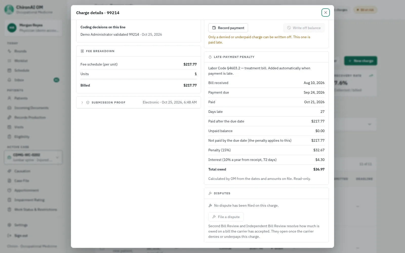 The late-payment penalty panel under Labor Code §4603.2 for the same charge: bill received, payment due and paid dates, 27 days late, a 15 percent penalty and interest from receipt, and the total owed, with a disputes panel explaining second and independent bill review.