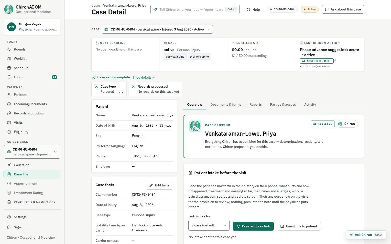 A personal-injury case in ChironAI OM. The header shows case type personal injury, body parts and the amount outstanding; the setup checklist is complete, the patient and case facts list the liability carrier, and a panel offers to send the patient an intake link before the visit.
