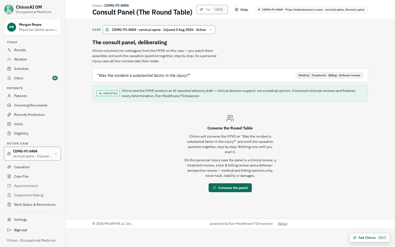 The Round Table consult panel on the personal-injury case, framed on the question “Was the incident a substantial factor in the injury?”, with medical, treatment, lien and billing, and defense-perspective reviews, and a note that they give medical and billing opinions only, never fault, liability or damages.