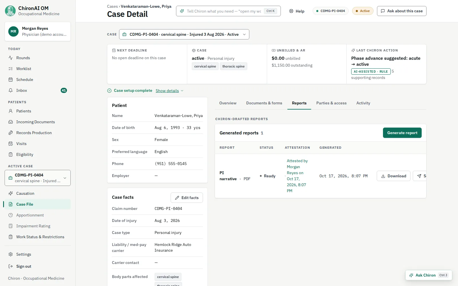 The Reports tab of the personal-injury case, listing a PI narrative report as a PDF, attested by the physician and ready to download.