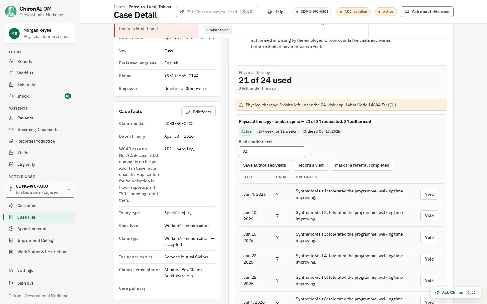The PM&R tab of a workers’ compensation case showing physical therapy at 21 of 24 visits used, a warning that three visits remain under the Labor Code §4604.5 cap, the authorized number, and the visit log with pain scores.