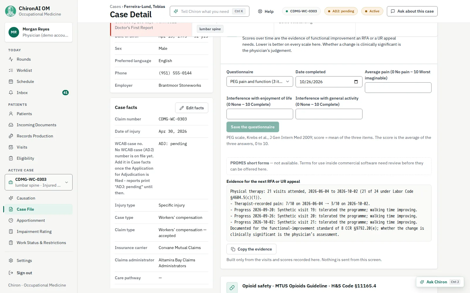 The outcome-measures panel with a PEG pain and function questionnaire form, and an evidence block Chiron assembles from the therapy visits and pain scores for the next request for authorization or UR appeal, citing the functional-improvement standard.