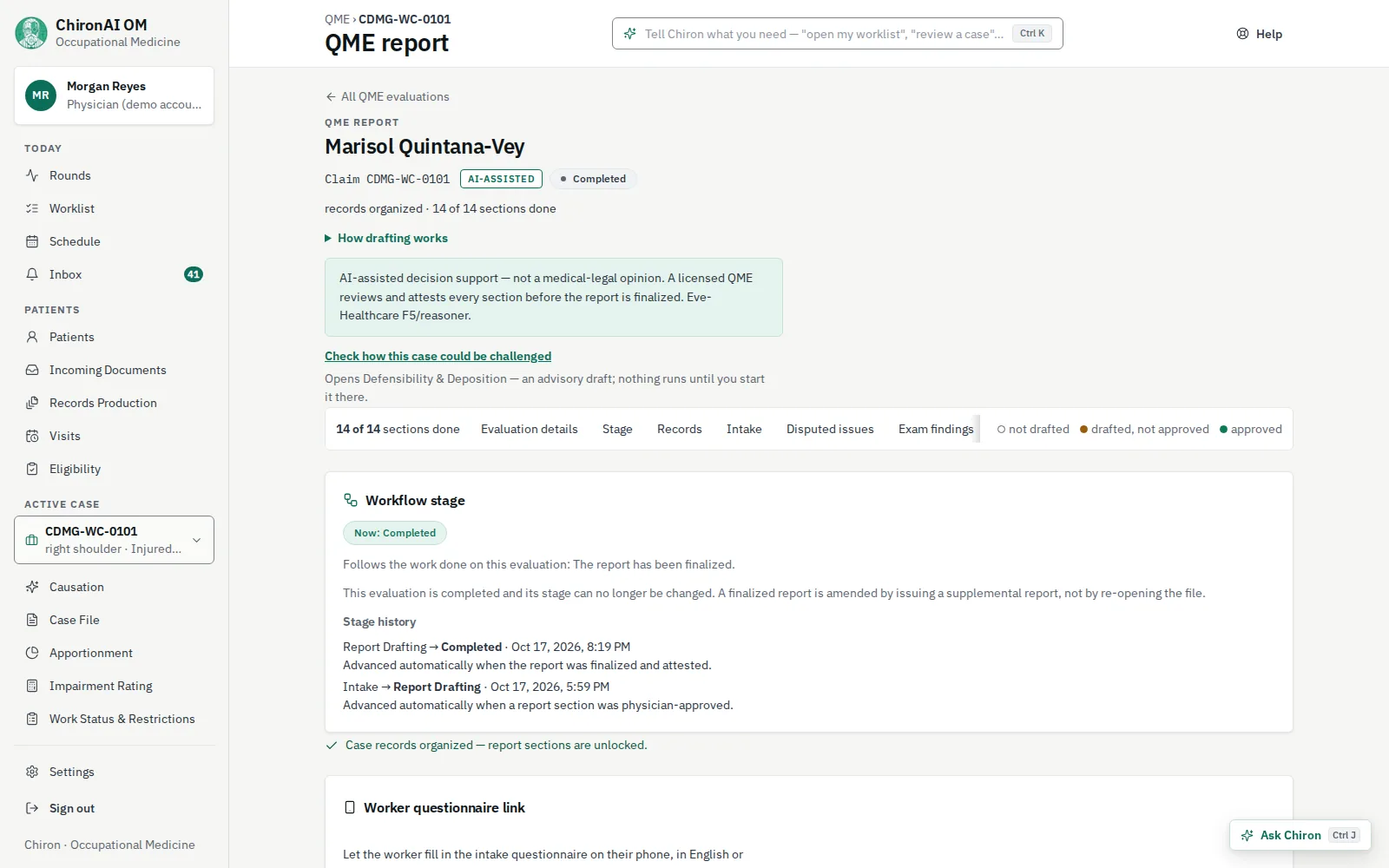 A QME report workspace for a synthetic orthopedic evaluation. The header reads records organized and 14 of 14 sections done, an AI-assisted notice says a licensed QME reviews and attests every section, and the stage history shows the report moving from drafting to completed.