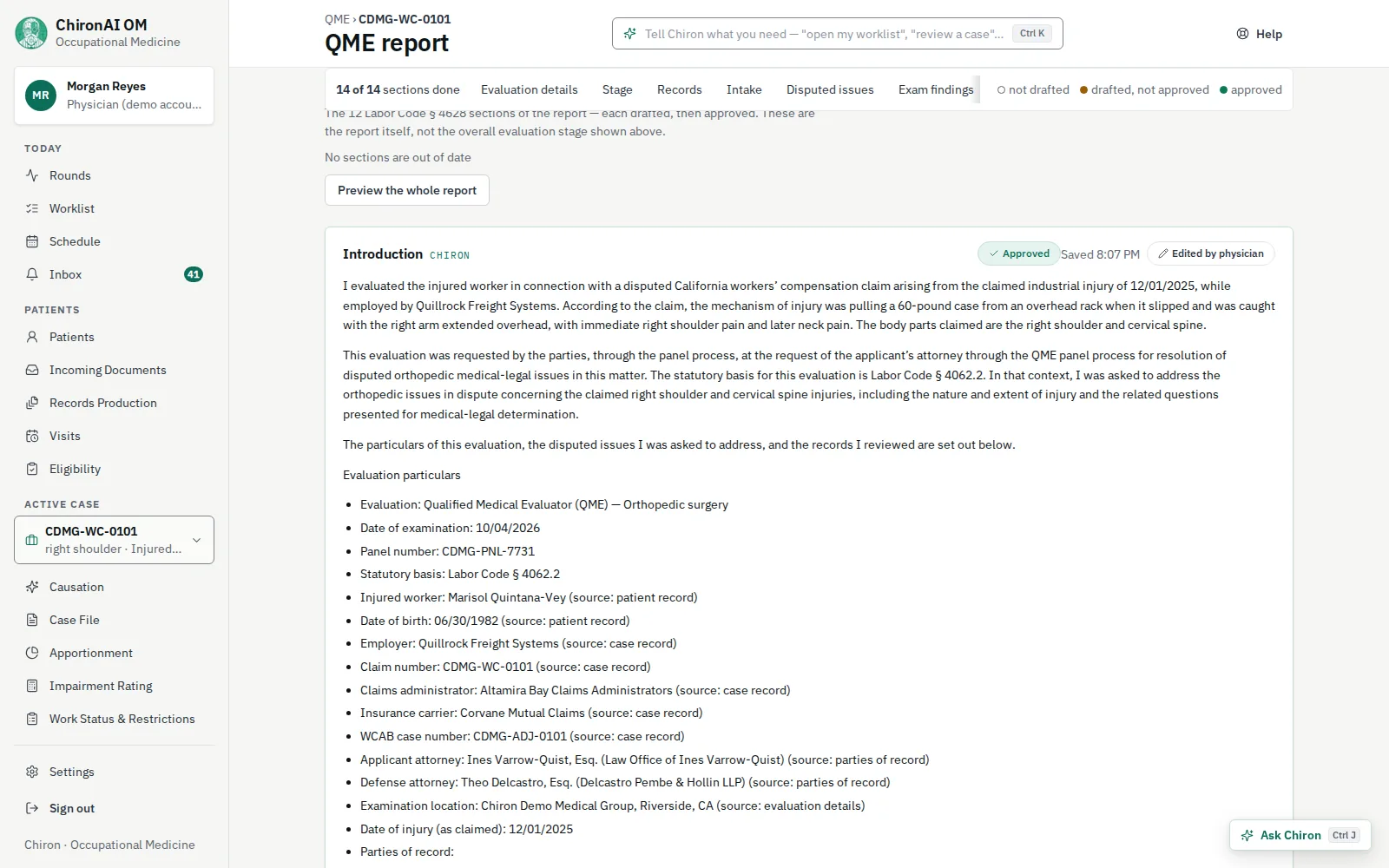 The Introduction section of the QME report, marked approved and edited by the physician, written in the first person with the evaluation particulars below: specialty, examination date, panel number, statutory basis and the parties of record, each with its source.
