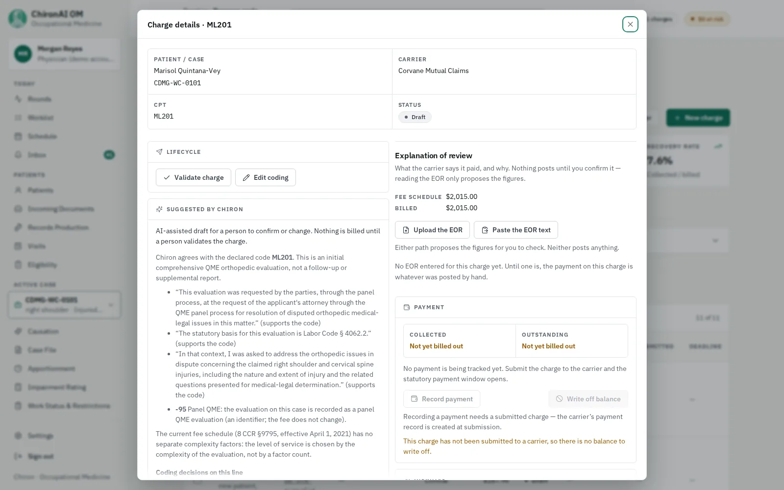 Charge details for a drafted ML201 comprehensive medical-legal evaluation. Chiron agrees with the declared code and quotes the report lines that support it, notes the panel QME modifier, and leaves the charge as a draft for a person to validate.