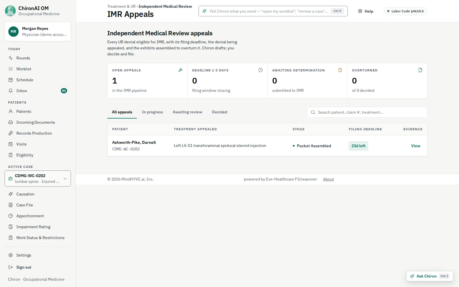 The IMR Appeals board in ChironAI OM. One open appeal, for a denied left L5-S1 transforaminal epidural steroid injection, sits at Packet Assembled with a filing-deadline chip reading 23 days left.