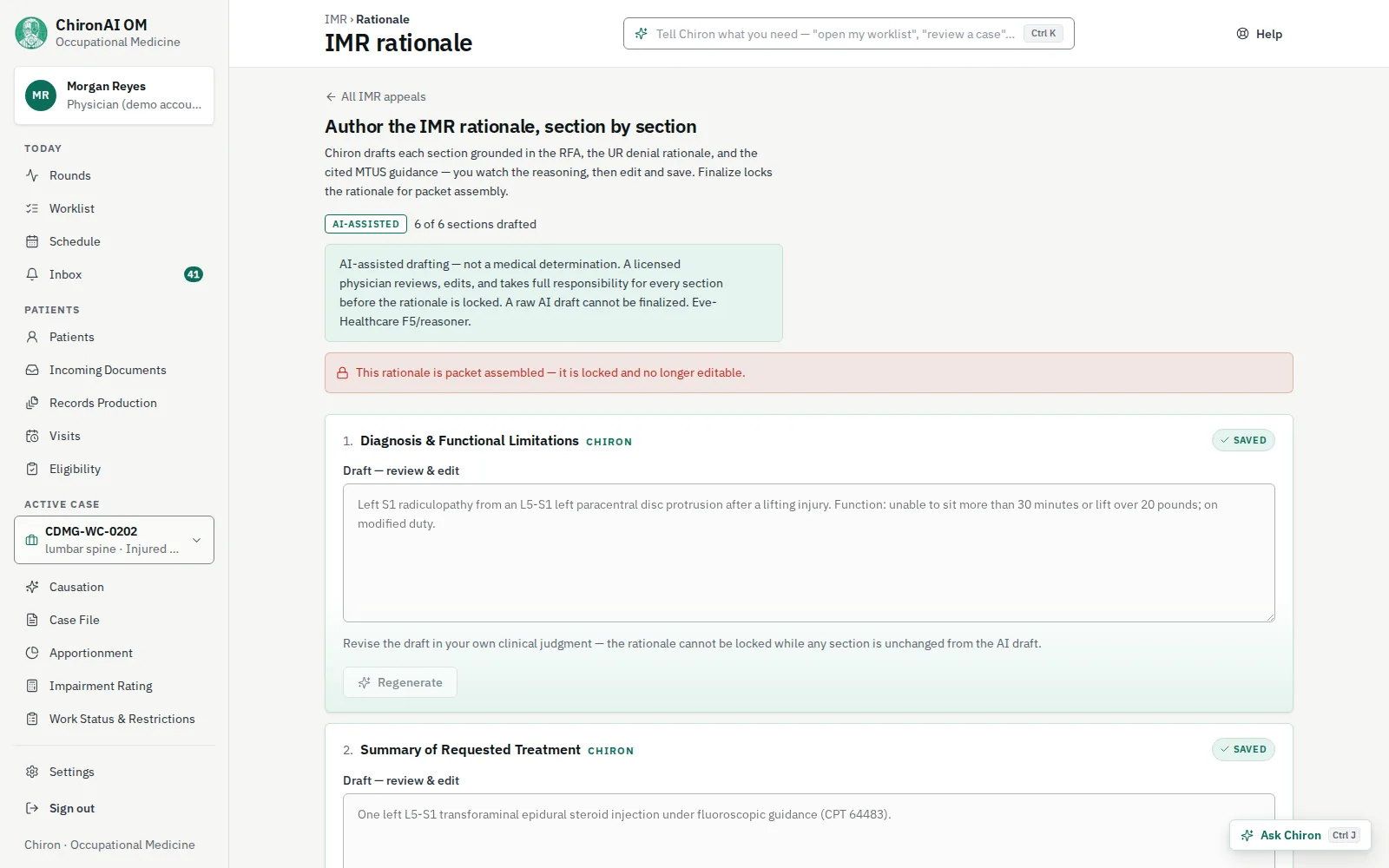 The IMR rationale screen. Six of six sections are drafted and saved; a notice says the rationale is locked because the packet is assembled, and the first section, Diagnosis and Functional Limitations, shows the physician-reviewed text.