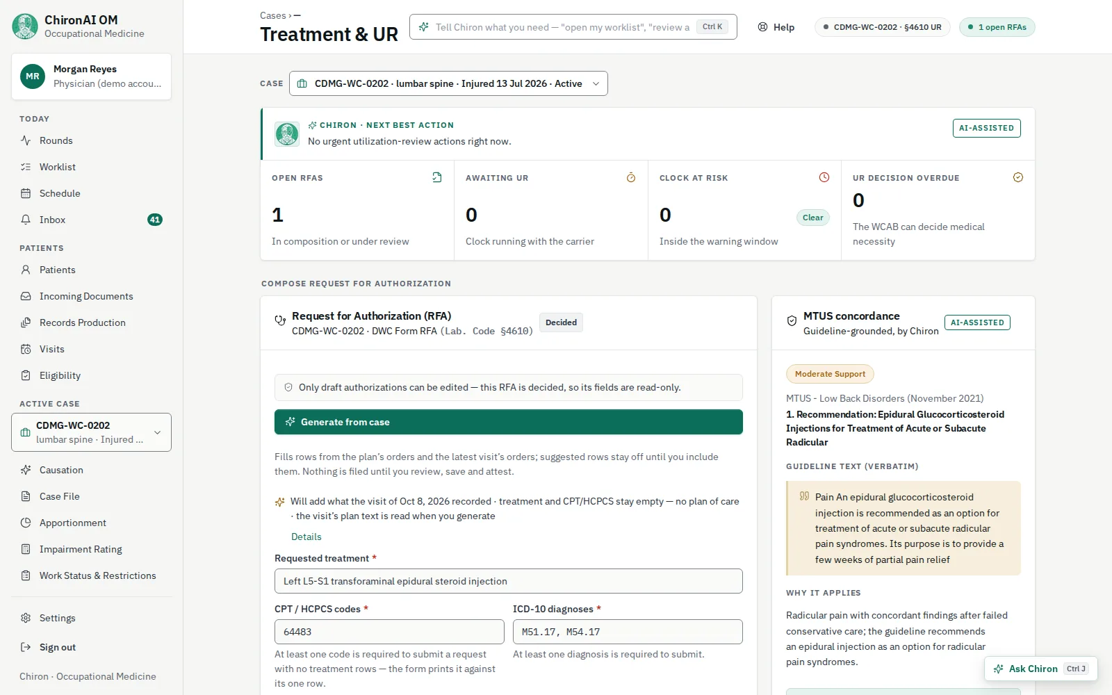 The Treatment and UR screen for the same case. Counters show one open request for authorization and no UR clock at risk; the decided DWC Form RFA is shown read-only beside an MTUS concordance panel that quotes the low back guideline verbatim.